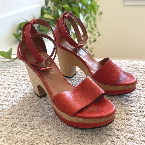 ROBERT CLERGERIE Leather Wood‎ Platform Ankle Strap Heels Sandals Women 5.5 - Picture 2 of 11